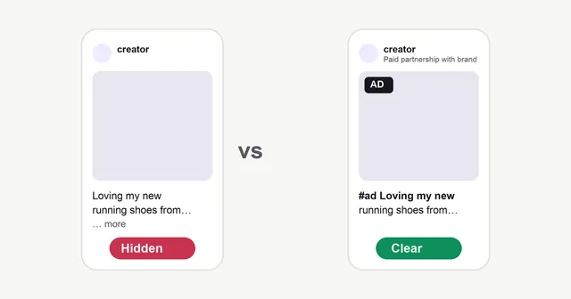 Two phone mock-ups side by side: on the left a sponsored post with no visible label, marked Hidden; on the right the same post with an AD label on the image and #ad at the start of the caption, marked Clear.